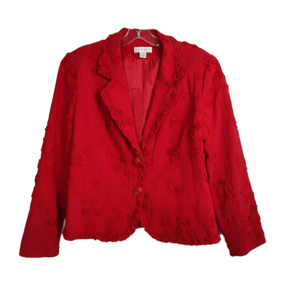 Christopher & Banks Blazer Women's XL Red Embroidered Floral Details & Ruffles
